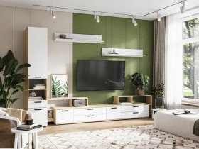 Модульная стенка Санса (дуб сонома/белый) в Кудряшовском - kudryashovskij.mebel-nsk.ru | фото